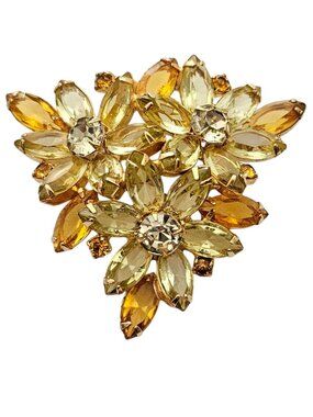 Yellow Gold Jonquil Rhinestone Brooch, Triangle Cluster Pin, L601